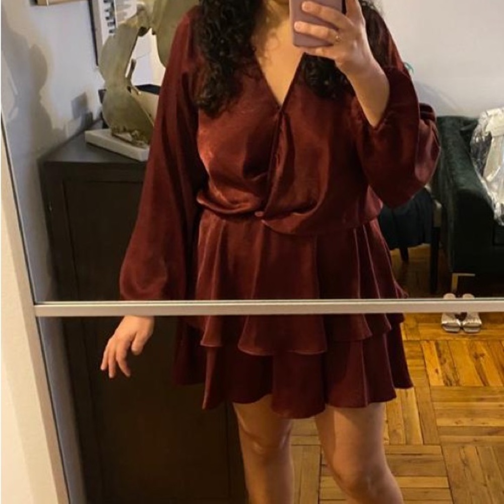 Zara Deep Burgundy Satin Wrap Mini Dress